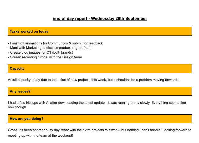 end of day work report